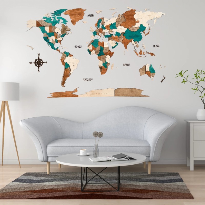 Дървена 3D карта на света Turquoise oak